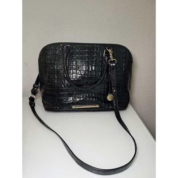 Brahmin Hudson Satchel Black Melbourne with Crossbody Strap Zip Around Croc Chic - Picture 1 of 16